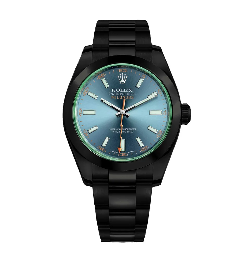 Rolex Milgauss Green Crystal Blue Dial Black PVD/DLC Stainless Steel Watch 116400GV