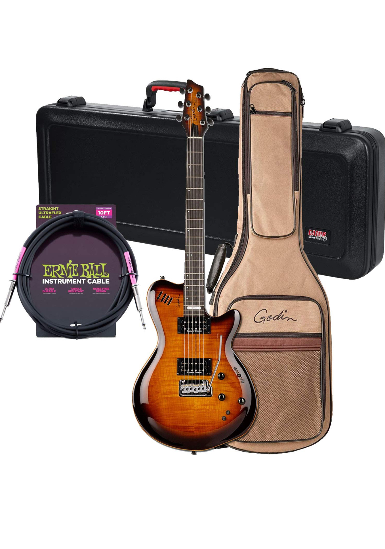 Godin (024124) LGXT Cognac Burst Flame Guitar/Bag, Gator GTSA-GTRELEC Case, ErnieBall Cable Bundle